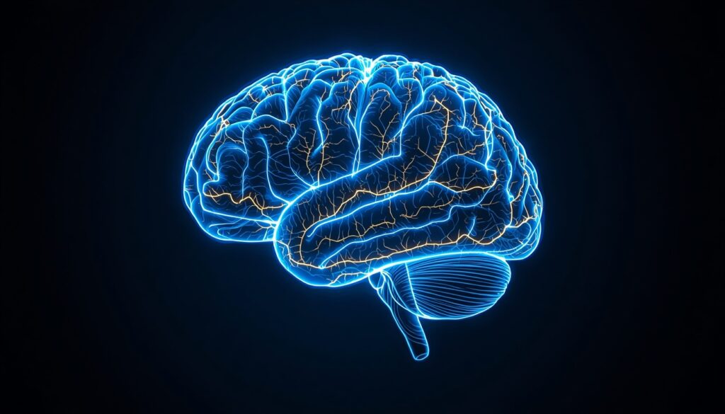 An abstract 3D brain made of cyan and gold fiber-optic light trails, representing neuroplasticity and mental health treatment conditions for ketamine clinics.