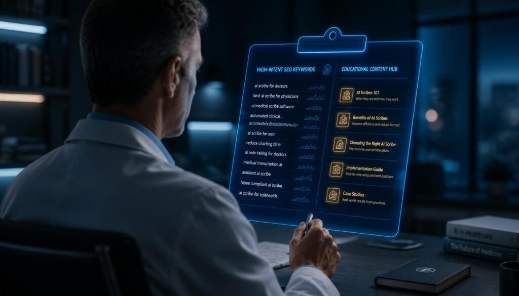 A medical professional analyzing a digital clipboard with glowing cyan and gold keywords, representing educational SEO content for ketamine clinics.