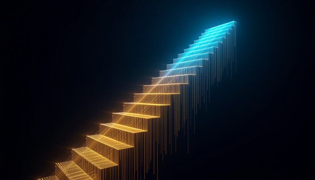 Abstract fiber-optic light trails forming a rising gold and cyan staircase, visualizing step-by-step compounding SEO authority for ketamine clinics.