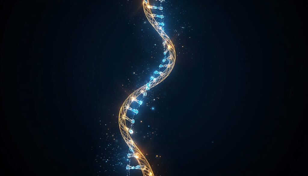 An upward-spiraling digital DNA helix in cyan and gold, visualizing long-term search authority and sustainable growth for ketamine clinics.