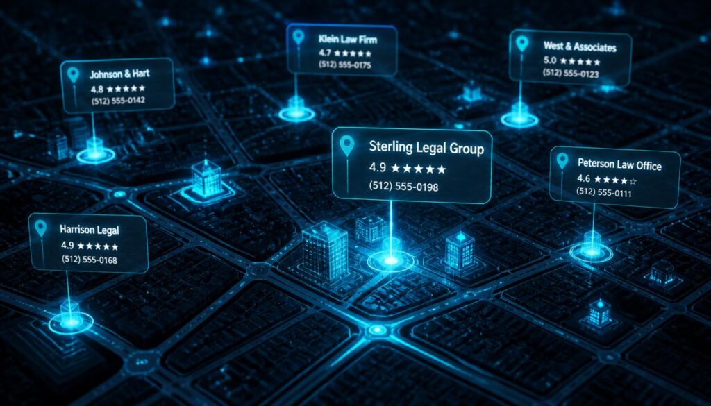 Glowing data nodes on a city map representing local SEO and Google reviews for law firms.