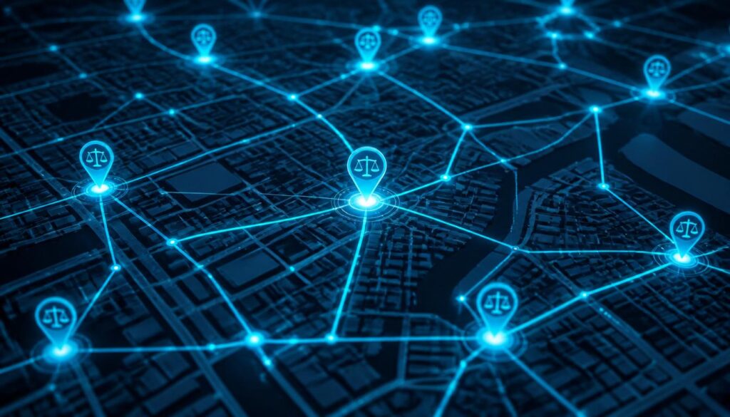 Glowing data nodes on a city map representing local SEO strategies for law firms.
