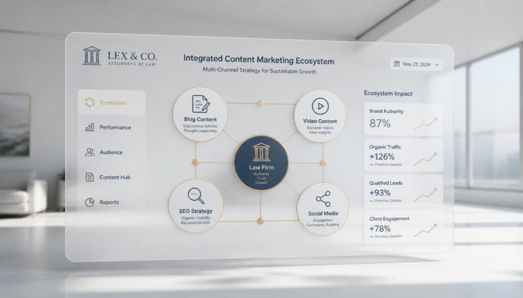 A digital ecosystem of interconnected nodes representing a law firm's content marketing strategy.