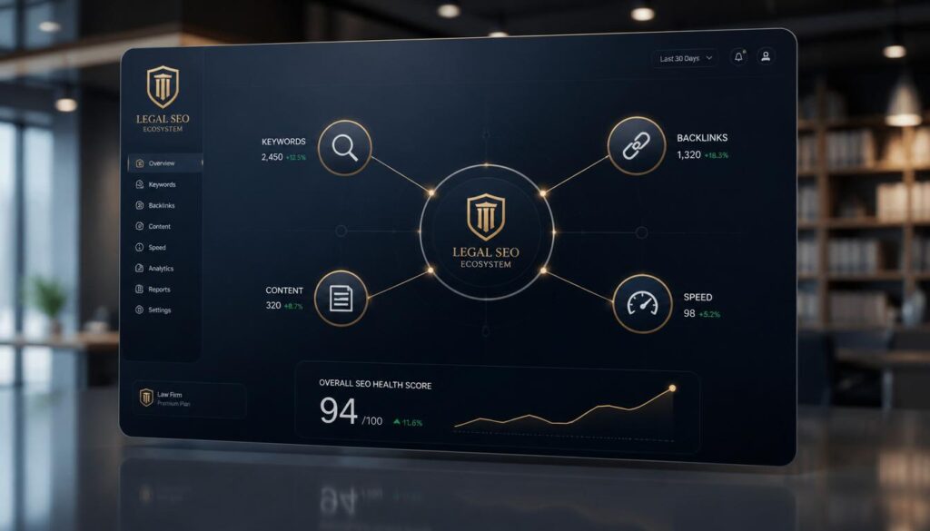 A digital ecosystem of interconnected nodes representing Google ranking factors for law firms.