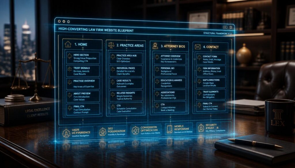 A glowing digital blueprint symbolizing essential website content and structure for law firms.