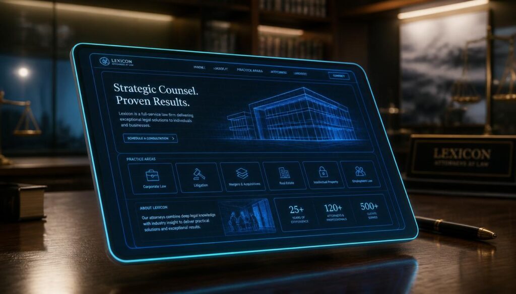 A glowing digital wireframe of a modern 2026 law firm website symbolizing digital marketing success.