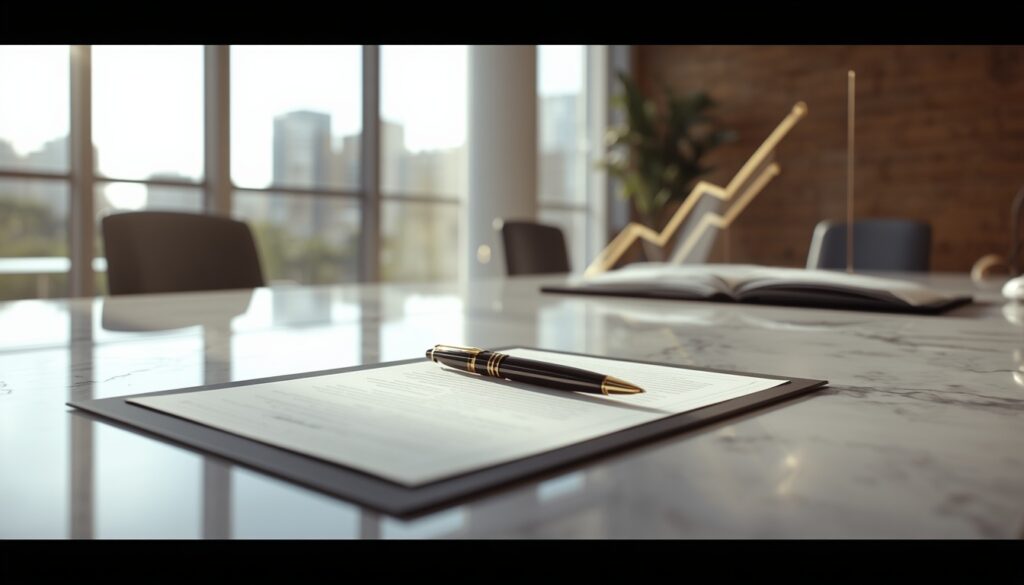 A bright, modern law office desk with a glowing growth chart symbolizing content marketing success for attorneys.