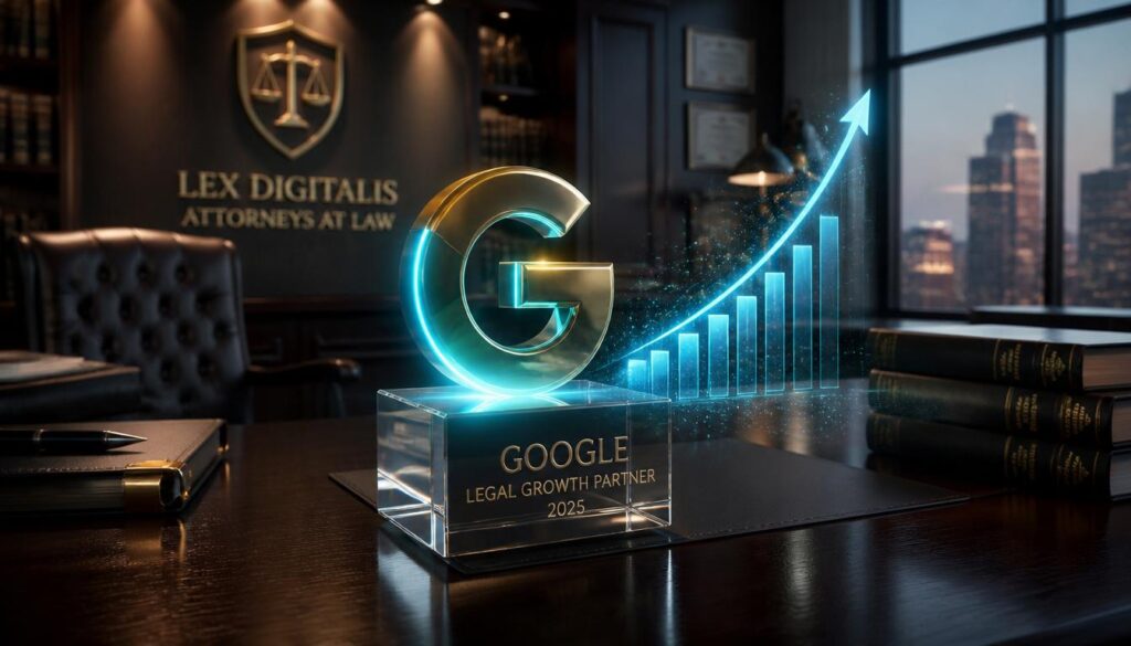 A glowing Google emblem and upward growth chart symbolizing top search rankings for law firms.