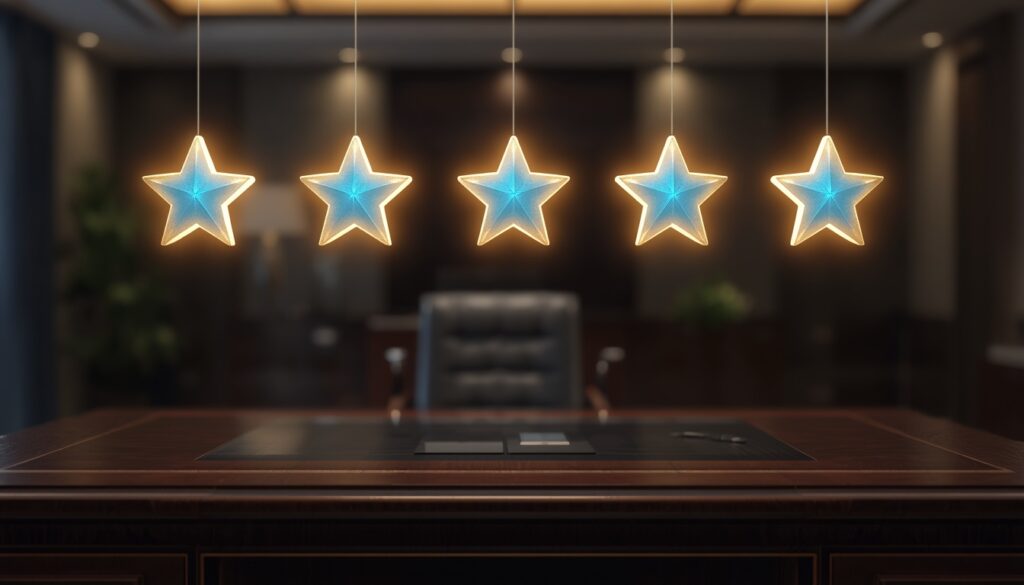Glowing five-star digital rating symbolizing online reviews and reputation management for US lawyers.