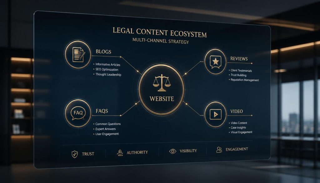 A digital ecosystem of interconnected nodes representing a high-performing law firm website content strategy.