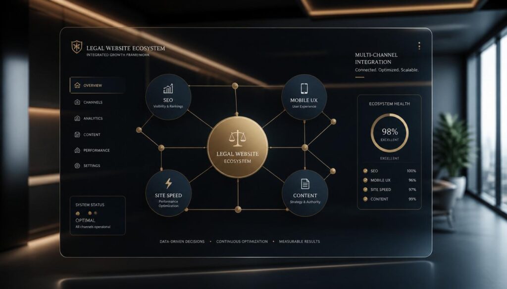 A digital ecosystem of interconnected nodes representing a high-performing law firm website.