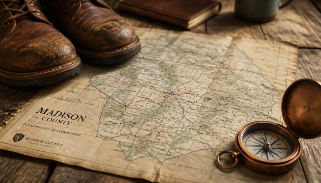 A classic copper compass and leather boots on a local county map, visualizing regional SEO dominance and local market familiarity.