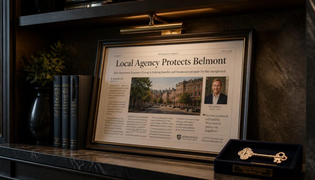 A framed local newspaper feature and a silver key on a stone shelf, visualizing regional digital PR authority and local links.