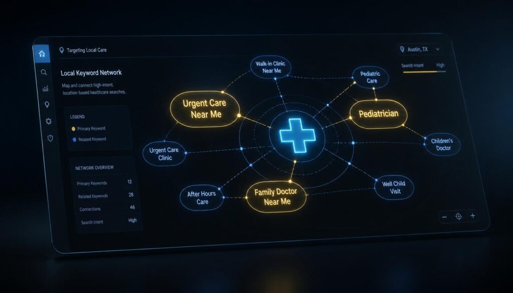 A digital interface showing interconnected nodes and a glowing cyan medical cross, representing local keyword research for healthcare practices.