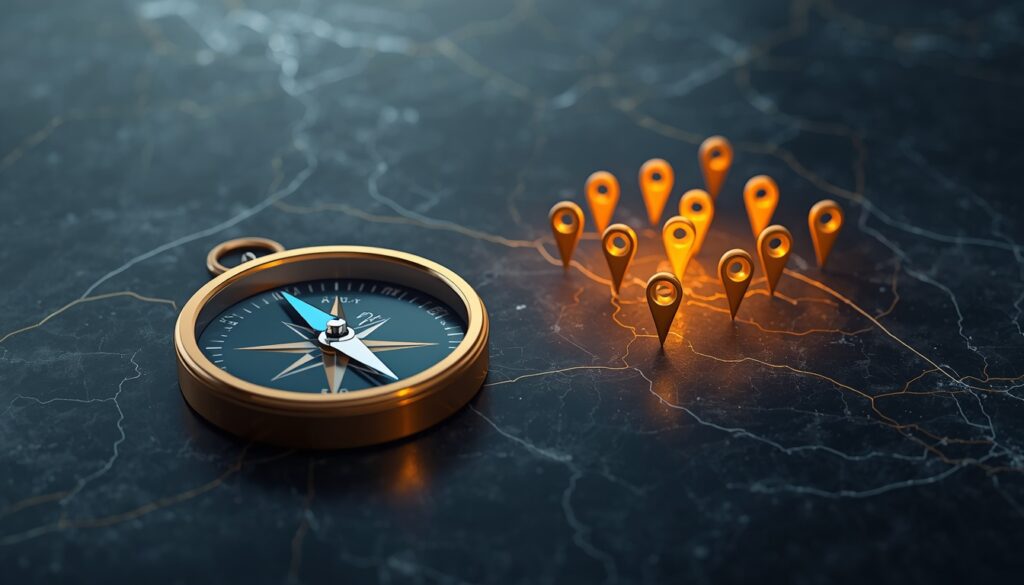 Abstract sophisticated gold and slate-blue compass on a dark marble surface, with the cyan needle pointing to glowing gold location pins on a digital map, visualizing local SEO regional dominance.