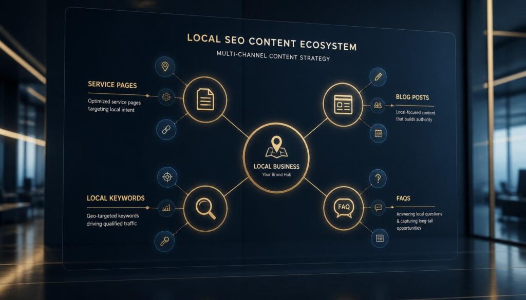 A digital ecosystem of interconnected nodes representing a local SEO content strategy for insurance agencies.