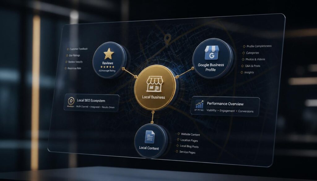 A digital ecosystem of interconnected nodes and a map overlay representing local SEO ranking factors for insurance agencies.