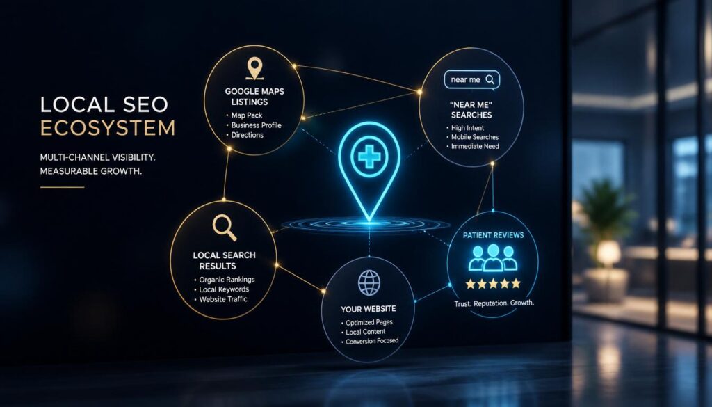 A macro visual of a digital local SEO interface with gold and slate-blue nodes and glowing cyan map pins representing patients finding doctors.