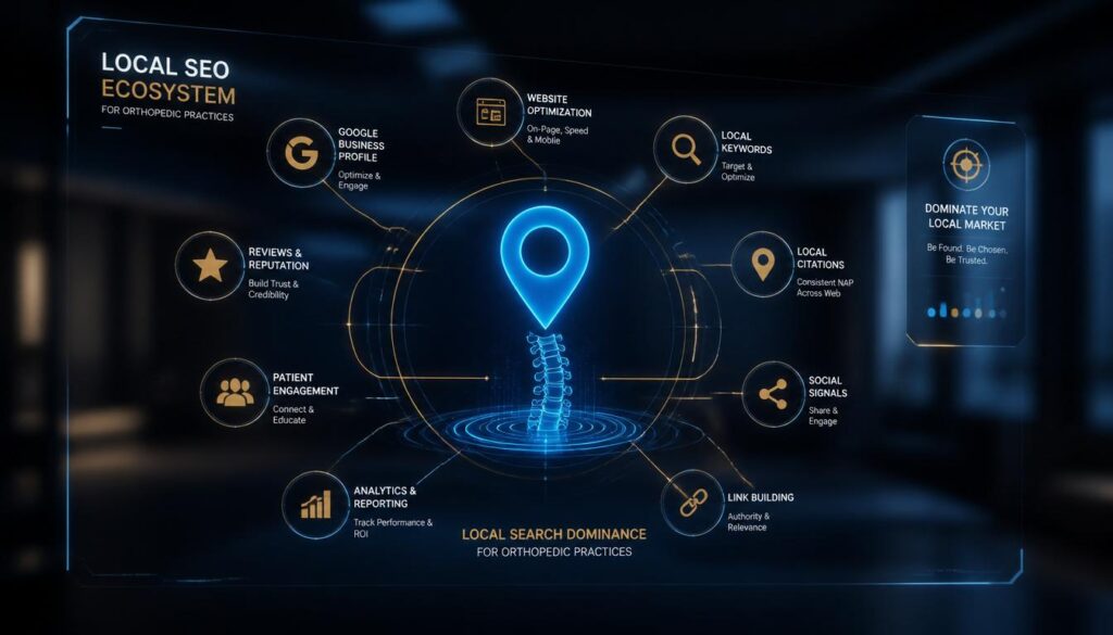 A glowing digital interface with a cyan map pin over an orthopedic spine icon, visualizing local SEO maps optimization for surgeons.