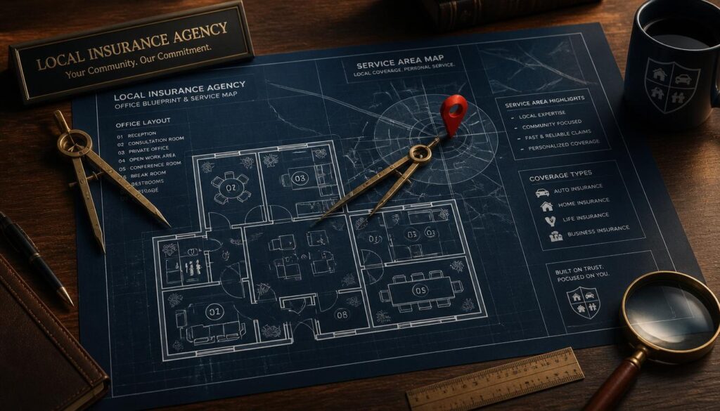 A red map pin and brass compass resting on an architectural blueprint, visualizing precise local SEO optimization for auto insurance agencies.