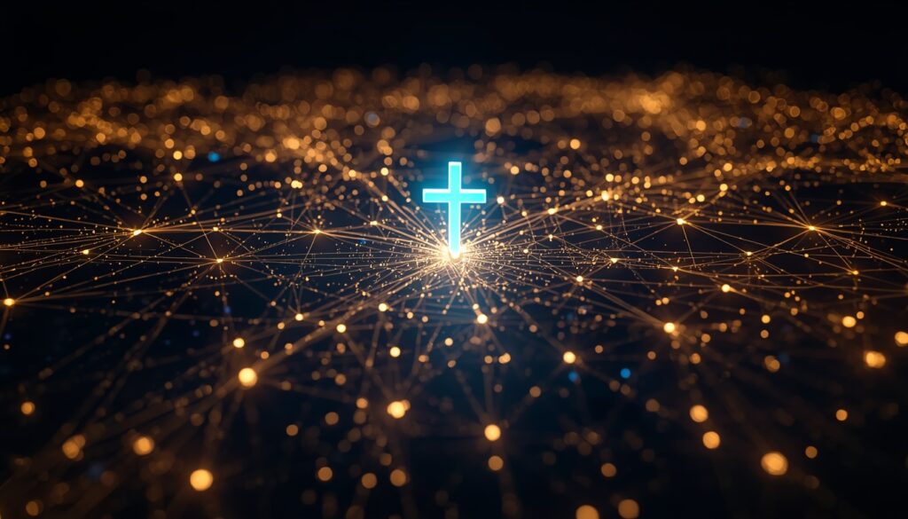 Abstract fiber-optic light trails forming an interconnected local city map with a cyan medical cross, visualizing local SEO and Google Maps integration for doctor websites.