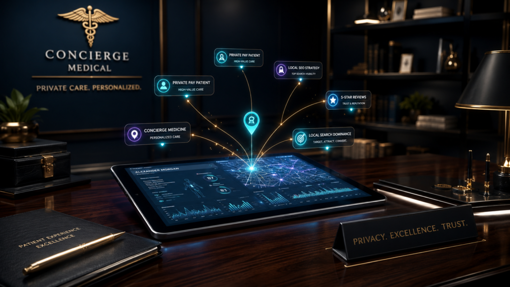A sleek digital tablet displaying local search maps and patient data in a high-end medical office, symbolizing local SEO strategies for attracting private-pay patients.