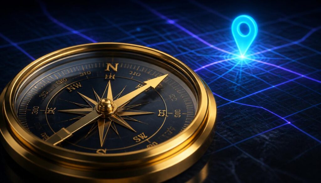 A gold compass pointing to a glowing cyan map pin on a digital grid, representing local SEO precision for GI practices.