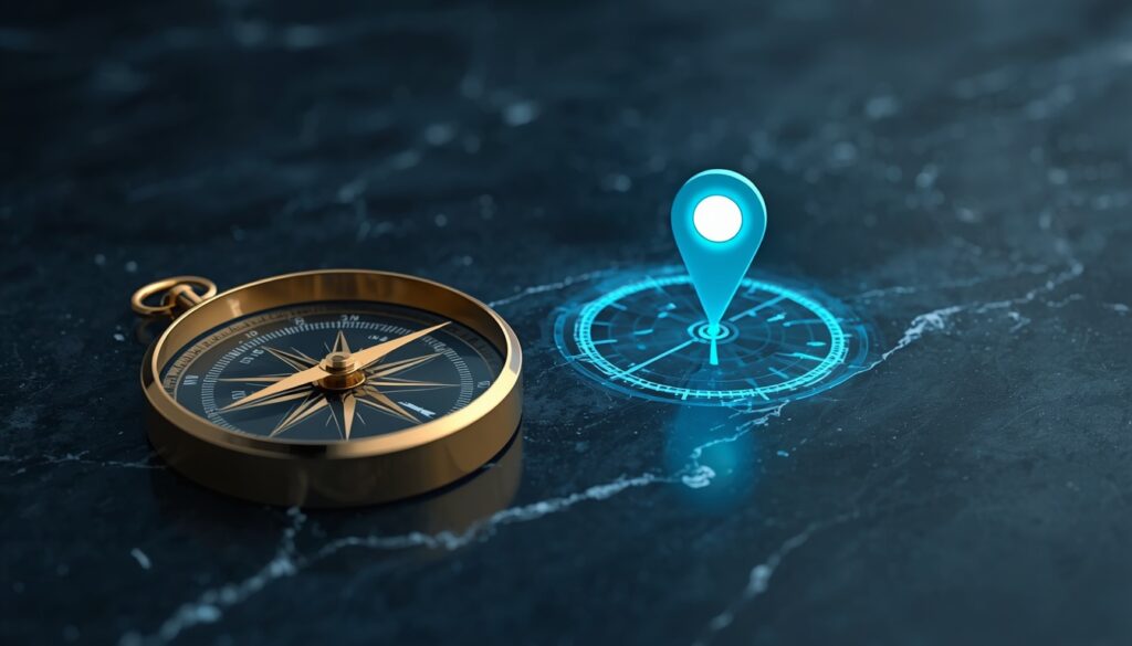 A gold compass pointing to a cyan map marker on a digital grid, symbolizing precise local SEO navigation for oncology clinics.