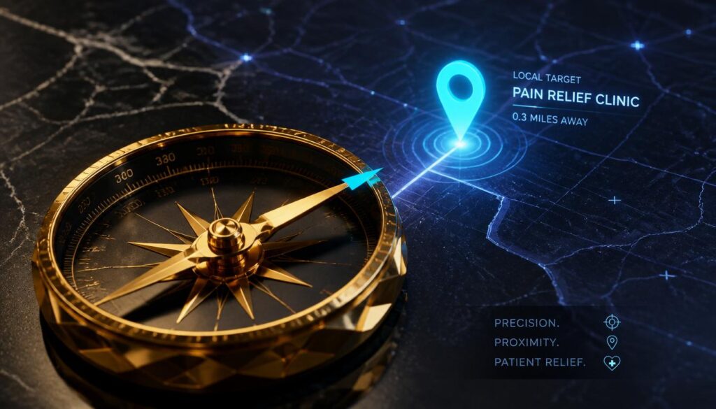 A gold compass pointing to a cyan map marker on a digital grid, symbolizing precise local SEO navigation for pain management clinics.