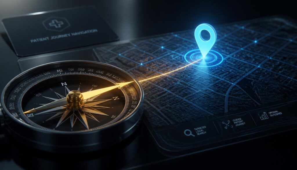 A glowing digital compass pointing toward a cyan local map pin on a topographical map, representing local SEO navigation and patient search intent.
