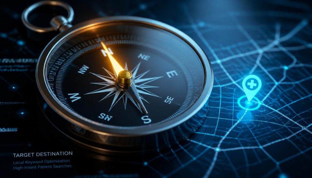 A glass compass pointing to a glowing cyan coordinate marker on a digital map, symbolizing local SEO keyword targeting for doctors.