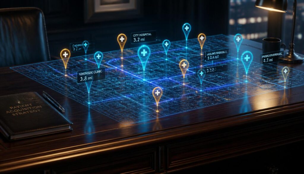 A 3D digital map glowing with cyan and gold location pins, representing local SEO strategies for hospitals and private practices.