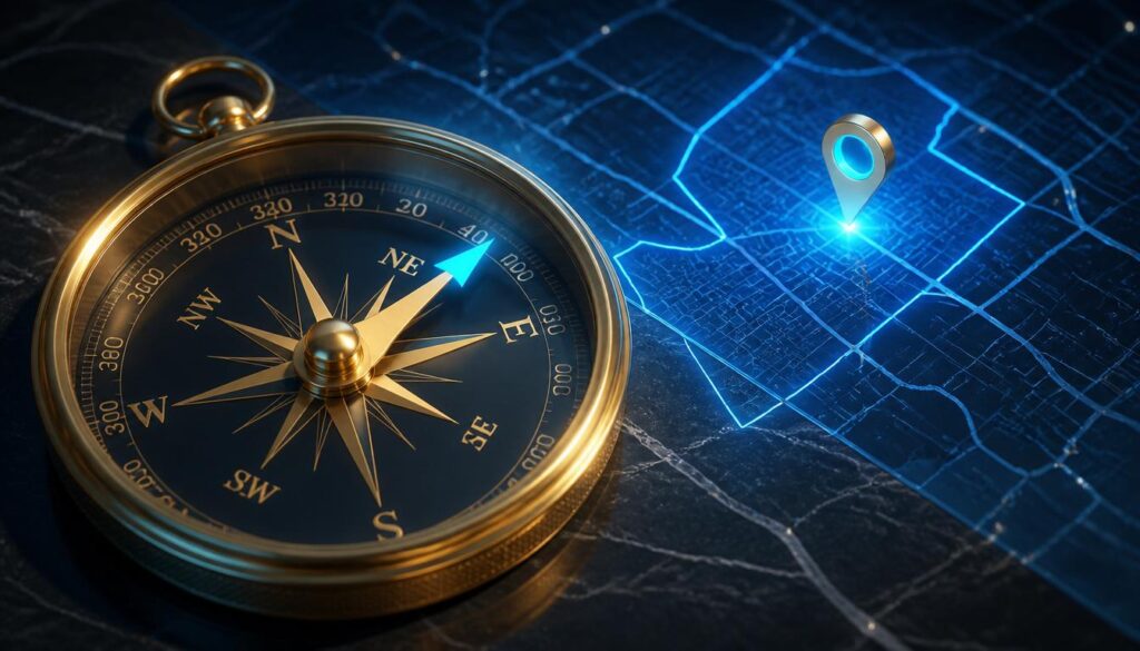 A gold compass pointing to a cyan map pin on a digital grid, symbolizing precise local SEO and location-specific pages for home insurance companies.