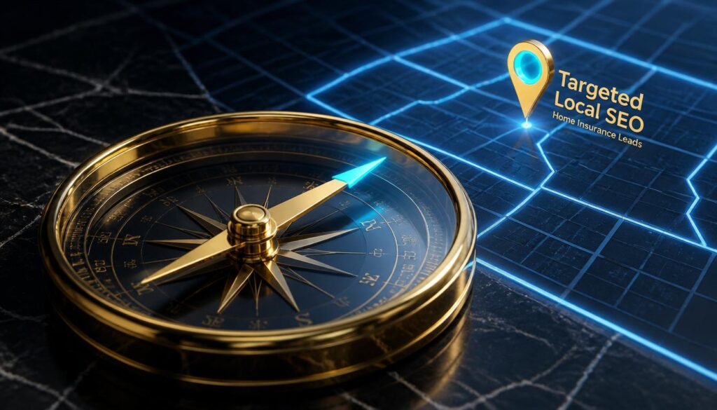 A gold compass pointing to a cyan map pin on a digital grid, symbolizing precise local SEO and regional targeting for home insurance companies.