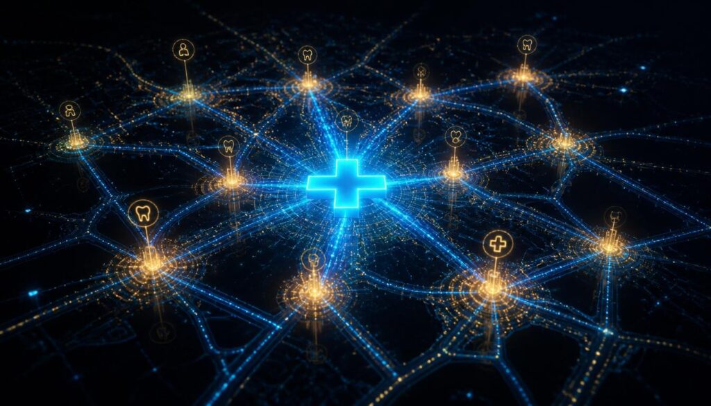 A gold compass pointing to a cyan map pin on a digital grid, symbolizing precise local SEO and targeted keywords for hospital websites.