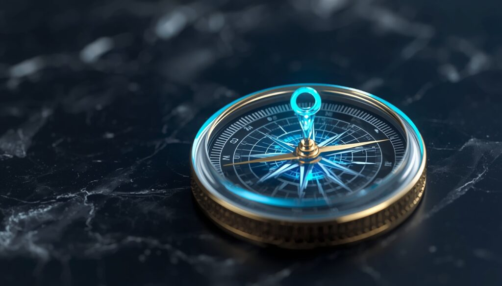 A gold compass pointing to a cyan map pin on a digital grid, symbolizing precise local SEO and targeted keywords for fertility clinics.