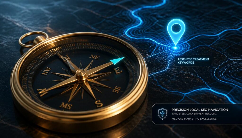 A gold compass pointing to a cyan map pin on a digital topographical map, symbolizing targeted local SEO and high-intent keywords for medical spas.