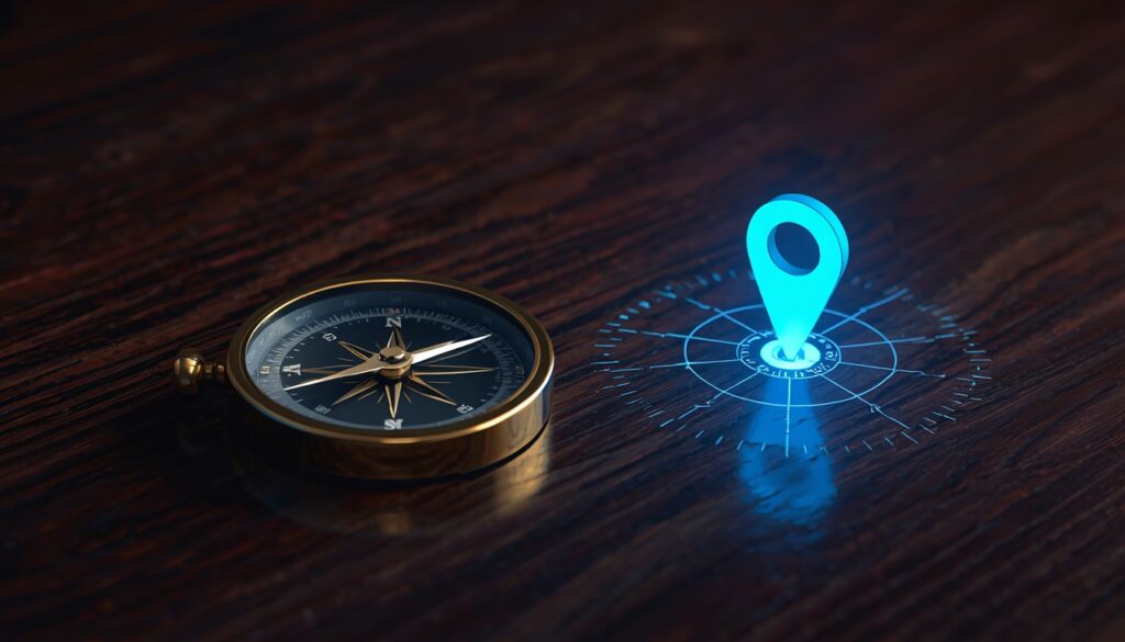 A gold compass pointing to a glowing cyan map pin on a digital grid, visualizing local SEO strategy for medical practice websites.