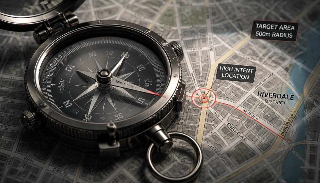 A heavy surveyor's compass resting precisely on a local topography map, symbolizing precise local SEO and mobile optimization.