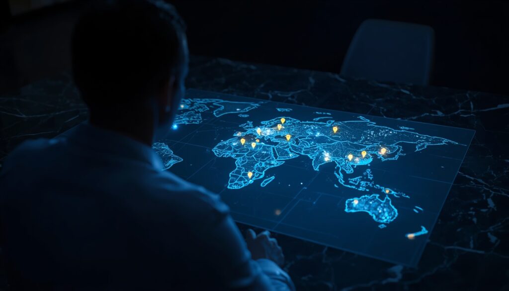 A medical professional analyzing a digital blueprint with glowing cyan and gold map pins, representing local SEO strategies for orthopedic clinics.