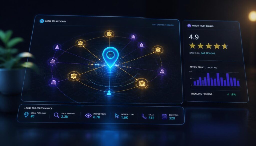 A digital interface showing a glowing cyan map pin and gold five-star reviews, representing local SEO and patient trust for doctors.