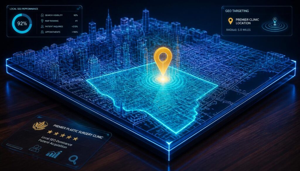 A 3D wireframe city map with a glowing gold map pin and cyan spotlight, visualizing local SEO dominance for plastic surgery practices.