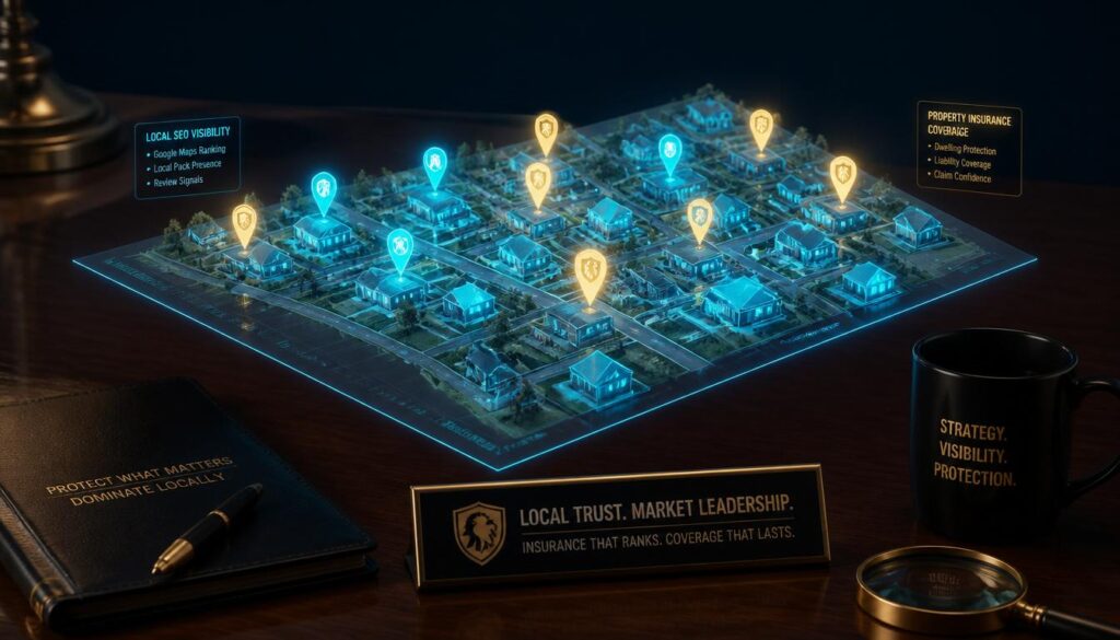 A 3D digital map of a neighborhood glowing with cyan and gold location pins, representing local SEO strategies for property and home insurance companies.