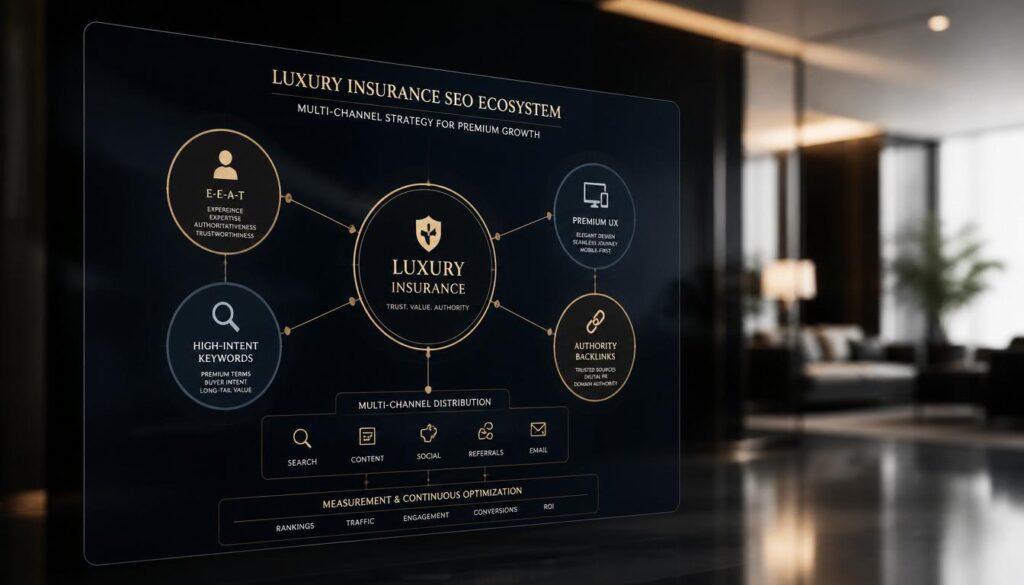 A digital ecosystem of interconnected nodes representing a luxury SEO strategy for high-net-worth insurance clients.