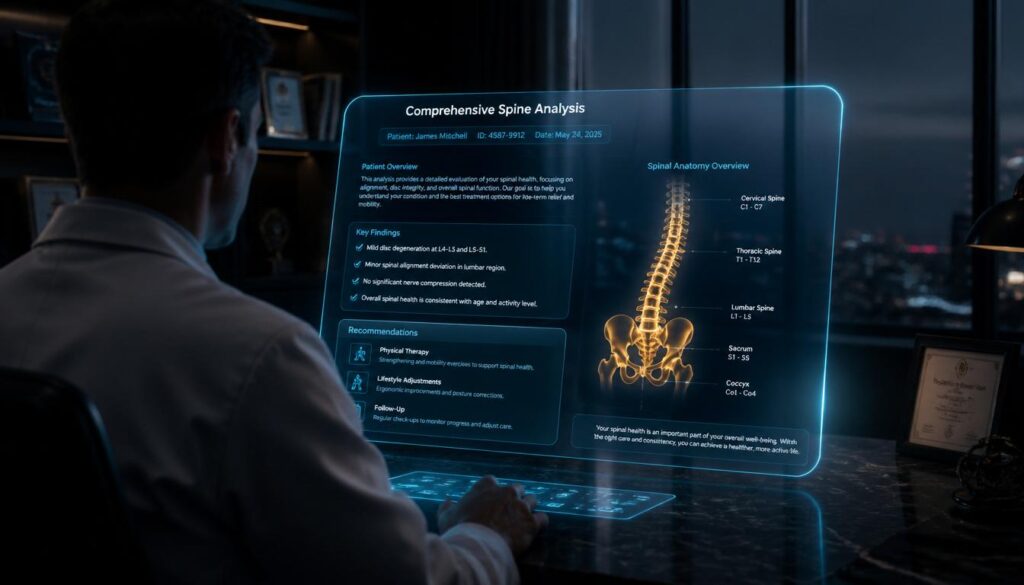 A medical professional reviewing a structured holographic document with a glowing gold anatomical diagram, representing readable, visual healthcare content.