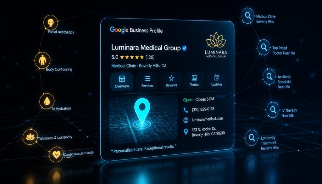 A glowing digital interface showing a medical Google Business Profile listing with a cyan map pin and gold nodes, visualizing local SEO maps optimization.