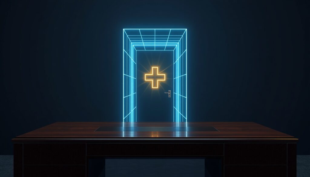 A glowing digital front door with a gold medical cross, representing high-performance website design for modern medical practices.