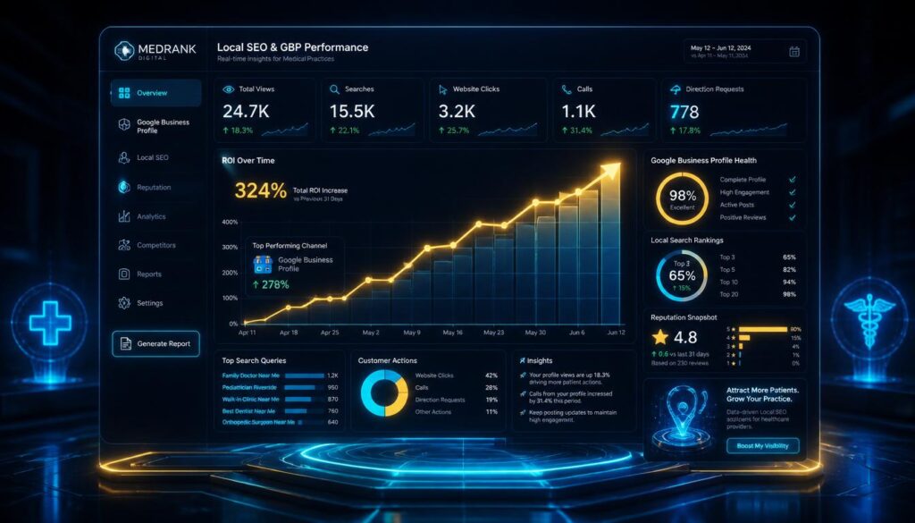 A 3D digital dashboard displaying gold and cyan analytics graphs, representing Google Business Profile insights and SEO performance tracking.