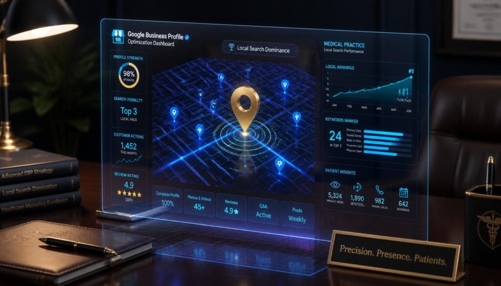 A glowing gold map pin on a digital dashboard, representing Google Business Profile optimization and local SEO rankings for medical practices.