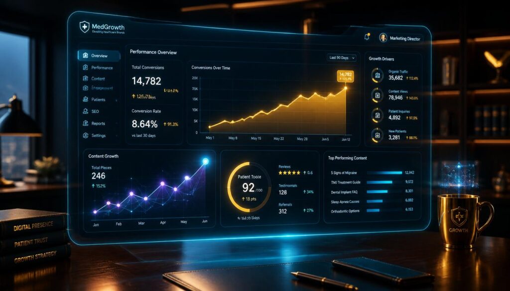 A futuristic digital dashboard displaying upward trending graphs in cyan and gold, representing long-term local SEO growth and ROI for private-pay doctors.